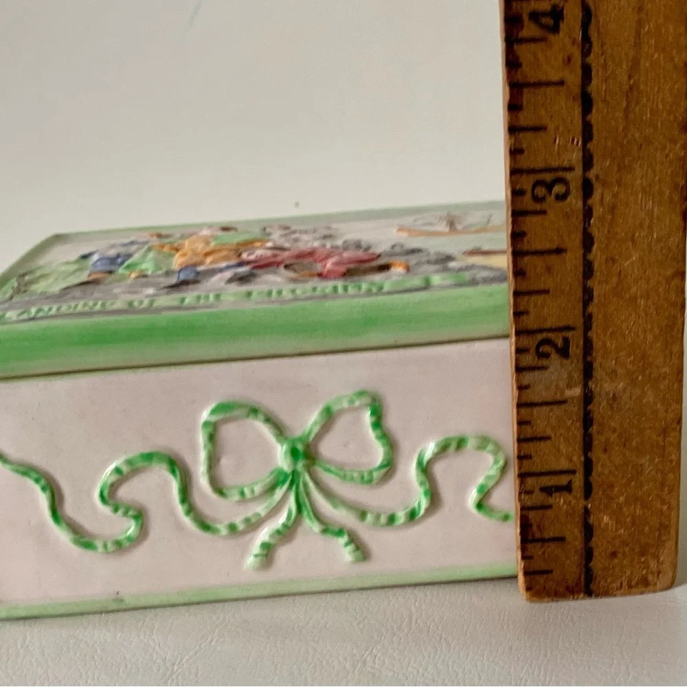 Vintage Landing Of The Piligrims Ceramic Trinket Box Italy 2.5/4/5”